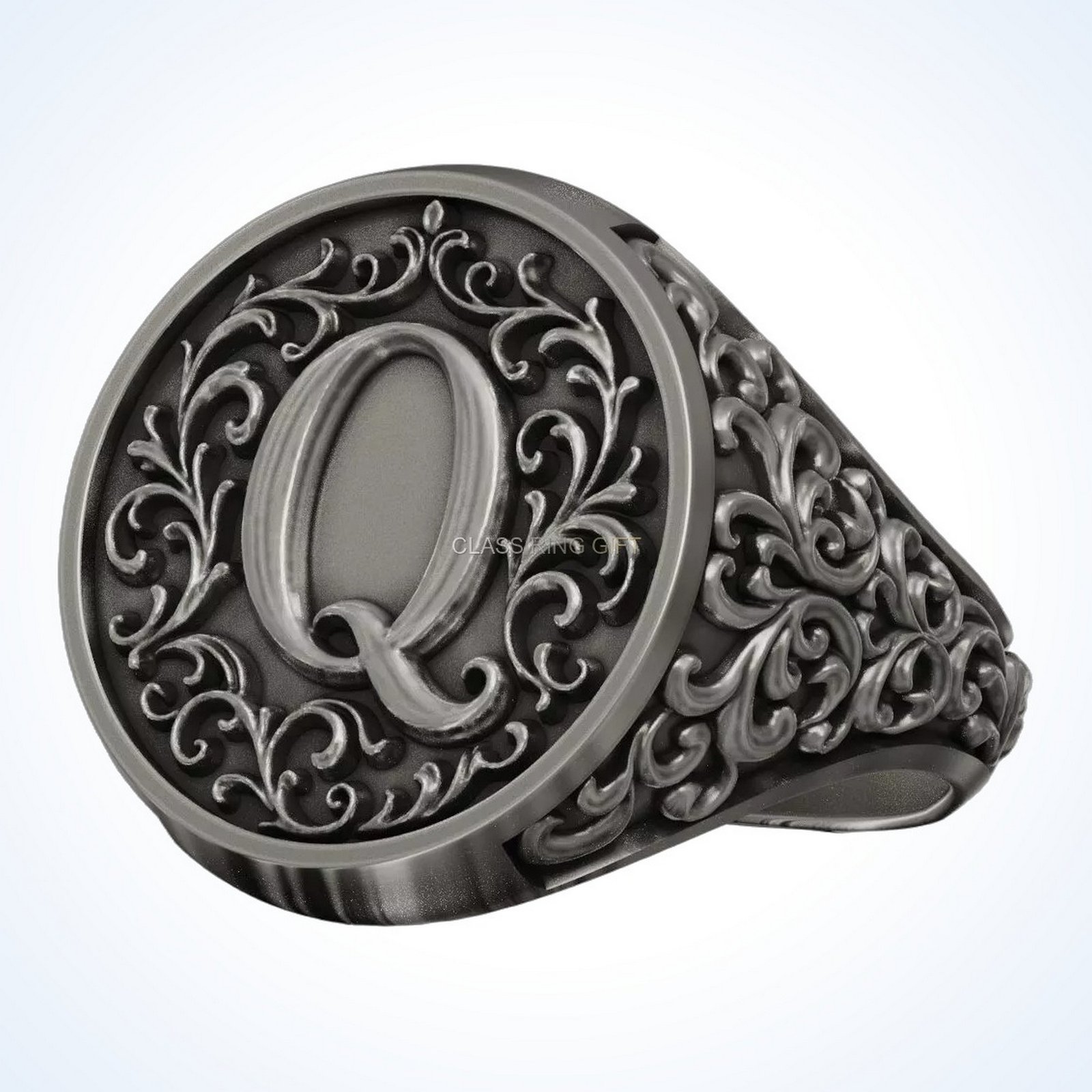 Ornament gift for him monogram letter, bottom view of band and side pattern detail