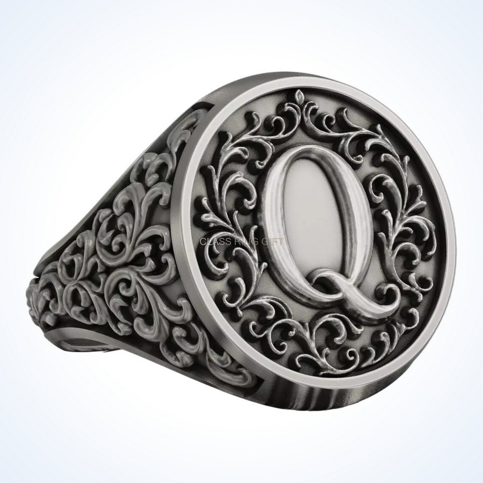 Ornament gift for him monogram letter, front angled three-quarter view of complete ring