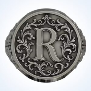 Vintage gift for him monogram letter R signet ring, oxidized sterling silver