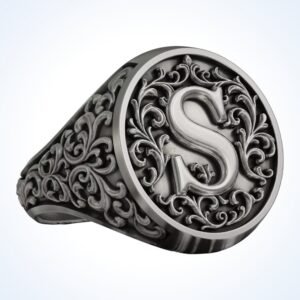 Gift for him monogram letter S signet ring, oxidized 925 silver baroque ornament