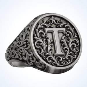 Gift for him monogram letter 2 signet ring, 925 sterling silver with baroque acanthus border