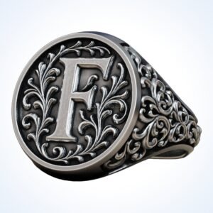 Gift for him monogram letter 3 signet ring, oxidized 925 sterling silver with acanthus leaf border a