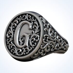 Gift for him monogram letter 4 signet ring, oxidized 925 silver with baroque filigree