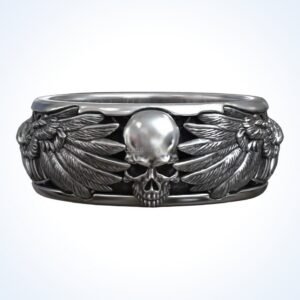 Gift for him mystical crows 925 silver ring with winged ravens and skull