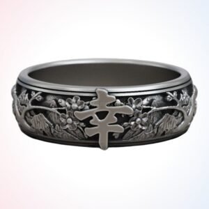 personalized gift oriental landscape ring with happiness hieroglyph in oxidized silver