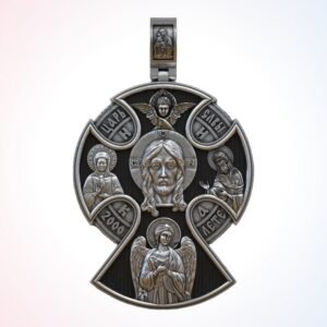 christian gift orthodox ring pendant with Jesus Christ and saints in oxidized silver