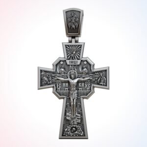 Christian gift orthodox church ring pendant with crucifix, saints medallions and church base, oxidiz