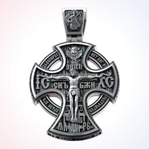 Christian gift orthodox cross ring pendant, oxidized 925 silver with crucifix and cherub angels