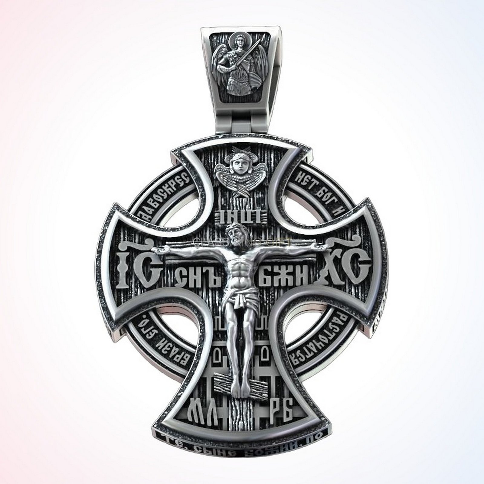 Christian gift orthodox cross ring pendant, oxidized 925 silver with crucifix and cherub angels