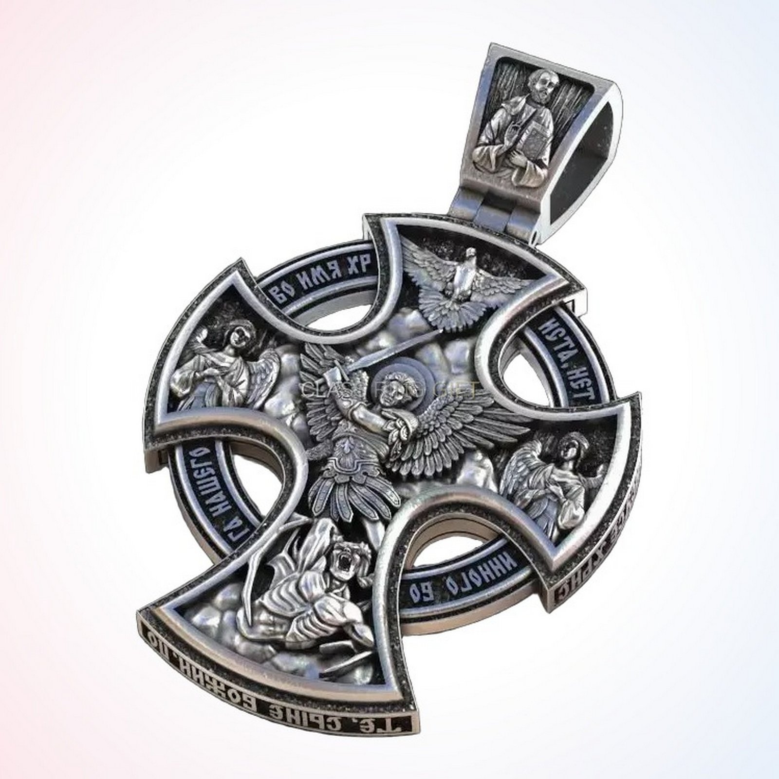 Christian gift orthodox cross ring, Detailed reverse side with angels and inscriptions