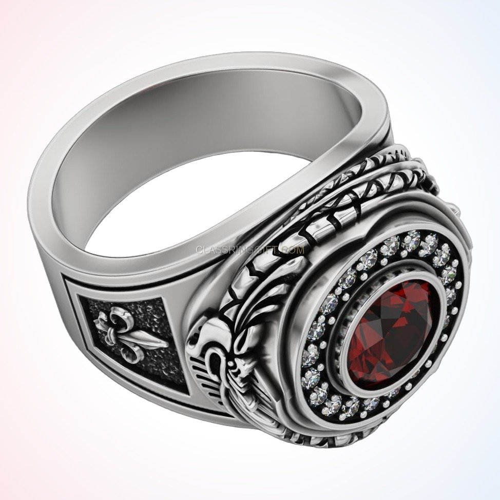 Sterling silver ruby statement ring, angled three-quarter view with bezel detail