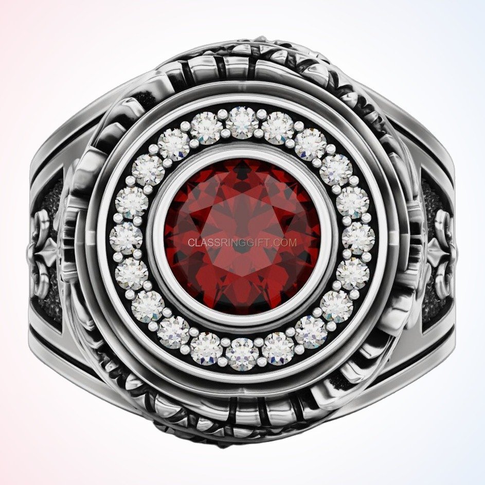 Sterling silver ruby statement ring with beaded halo and fleur-de-lis shoulders