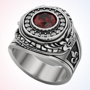 Sterling silver ruby statement ring with beaded halo and fleur-de-lis shoulders
