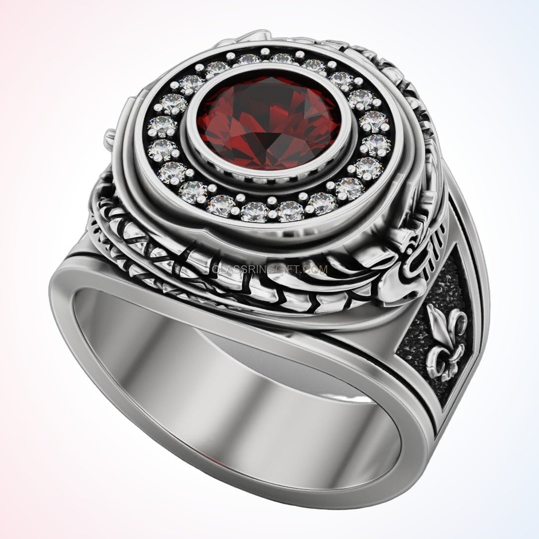 Sterling silver ruby statement ring with beaded halo and fleur-de-lis shoulders