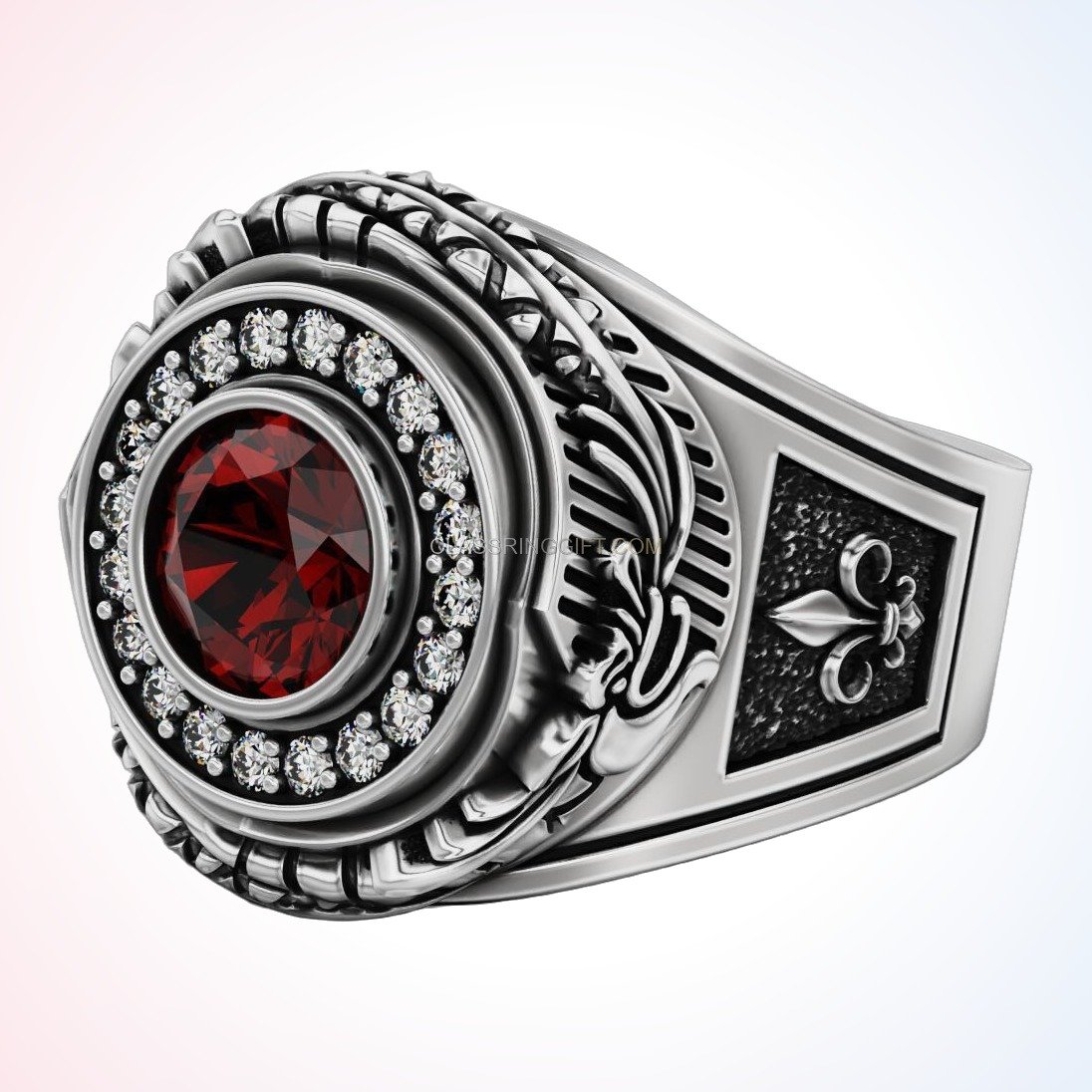 Sterling silver ruby statement ring, side profile showing fleur-de-lis shoulder