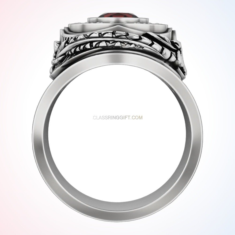 Sterling silver ruby statement ring, top-down view of band and bezel
