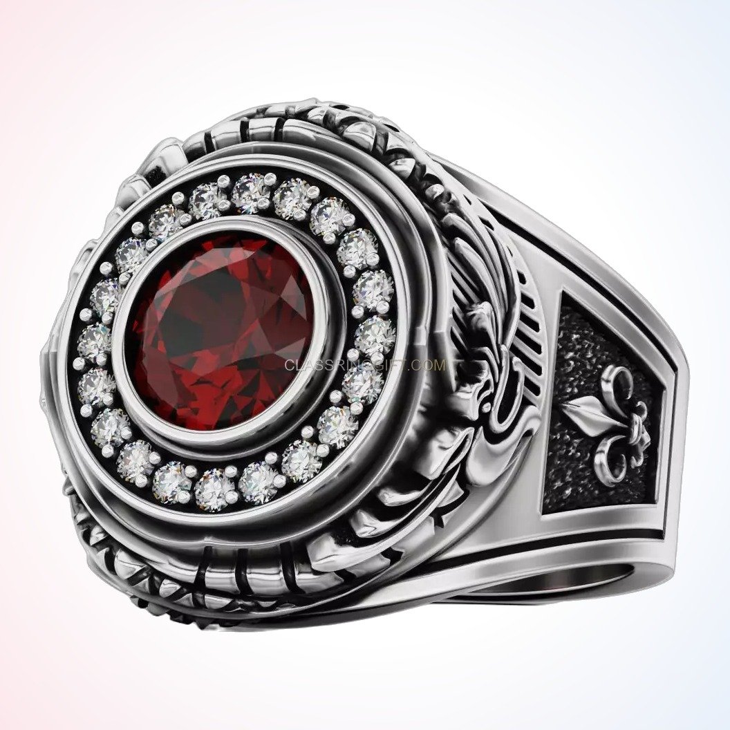 Sterling silver ruby statement ring, left side view with ornate carving