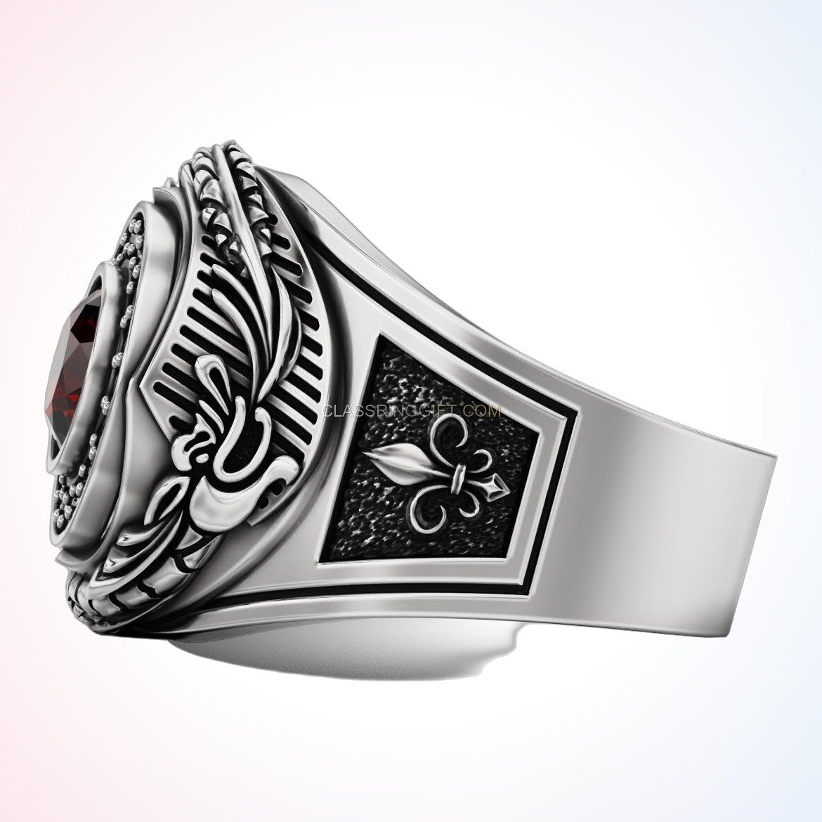 Sterling silver ruby statement ring with beaded halo and fleur-de-lis shoulders