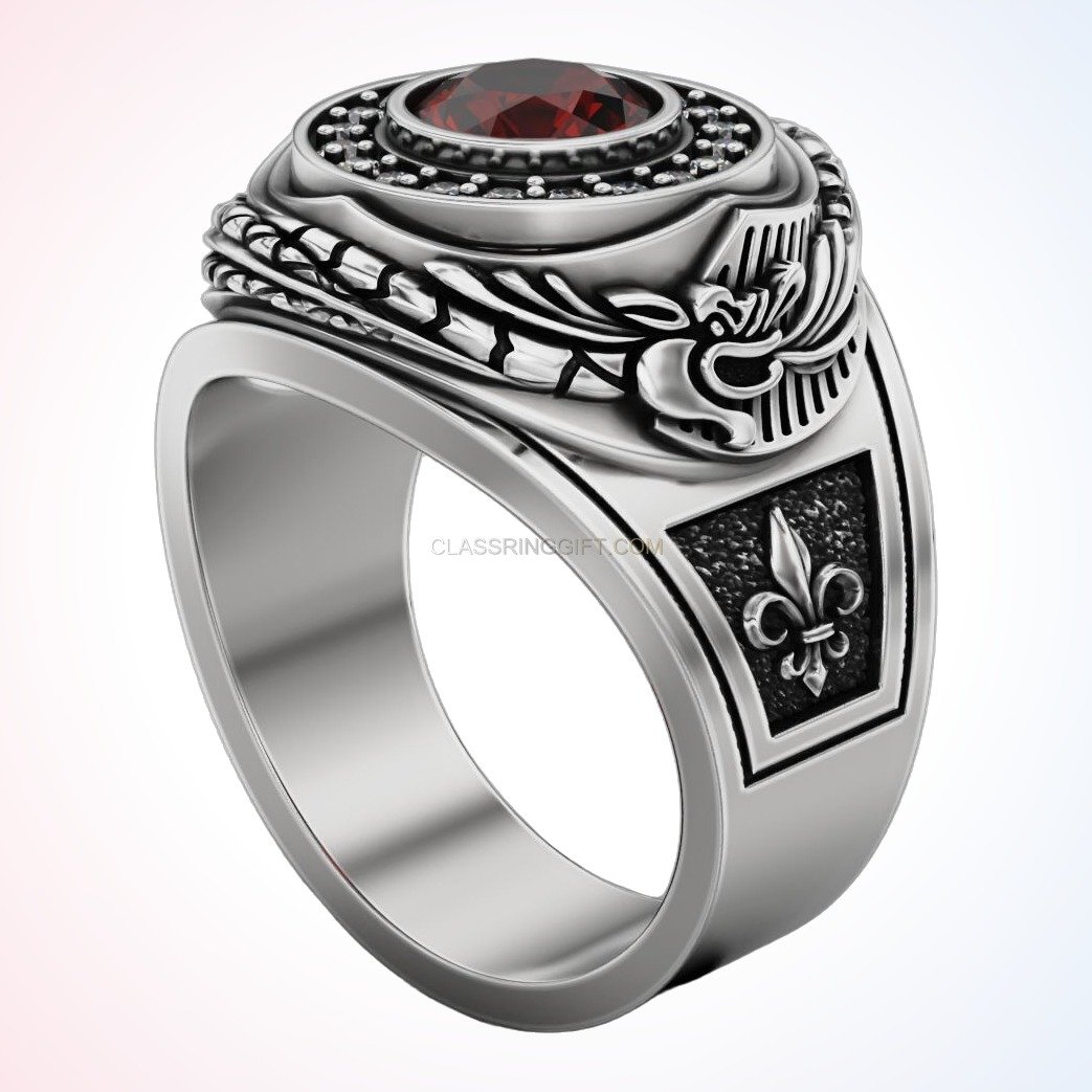 Sterling silver ruby statement ring with beaded halo and fleur-de-lis shoulders