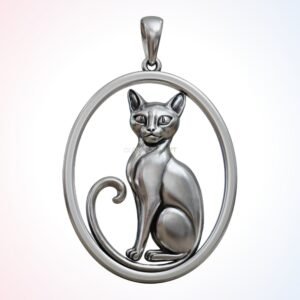 personalized gift oval cat pendant with curled tail, polished 925 silver