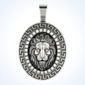 Sterling silver lion head statement pendant with Greek key border and beaded frame
