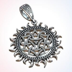 Personalized gift pagan sun pendant with Celtic knot and radiating crescent sun rays, oxidized 925 s