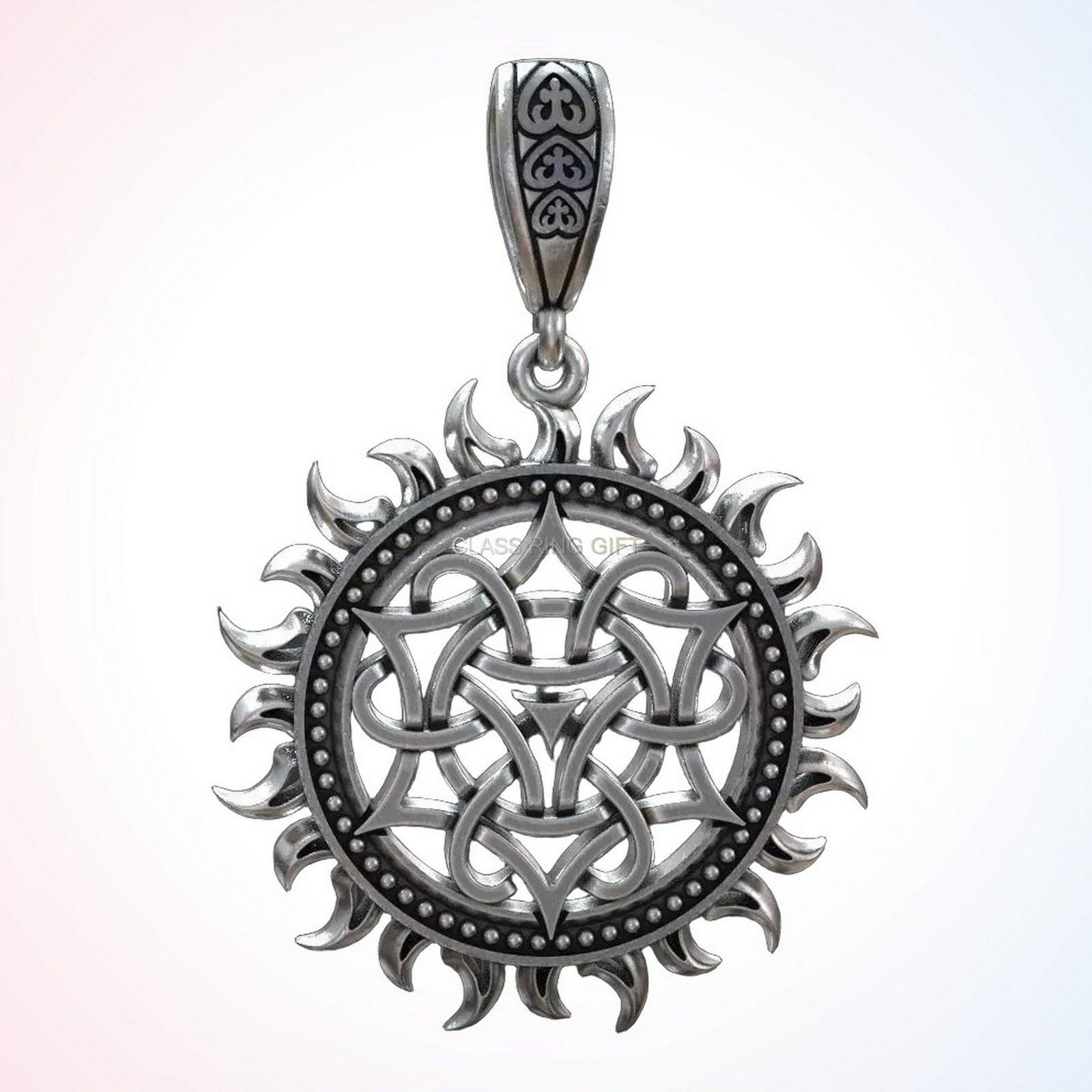 Personalized gift pagan sun pendant, angled three-quarter view showing depth and oxidized finish