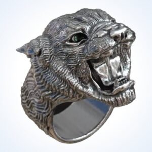 Gift for him panther big men's ring with roaring open mouth detail