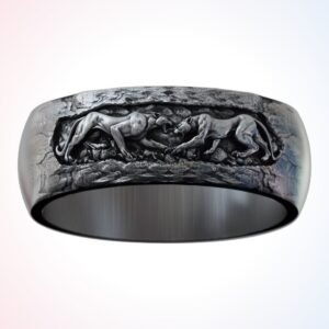 Personalized gift panthers fighting ring with two panthers in combat, oxidized 925 silver