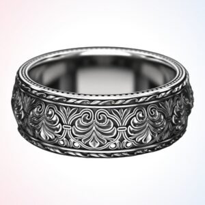 Personalized gift patterned engagement ring oxidized 925 silver acanthus leaves