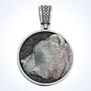 personalized gift bear head pendant with Celtic collar and paw claws, oxidized 925 silver