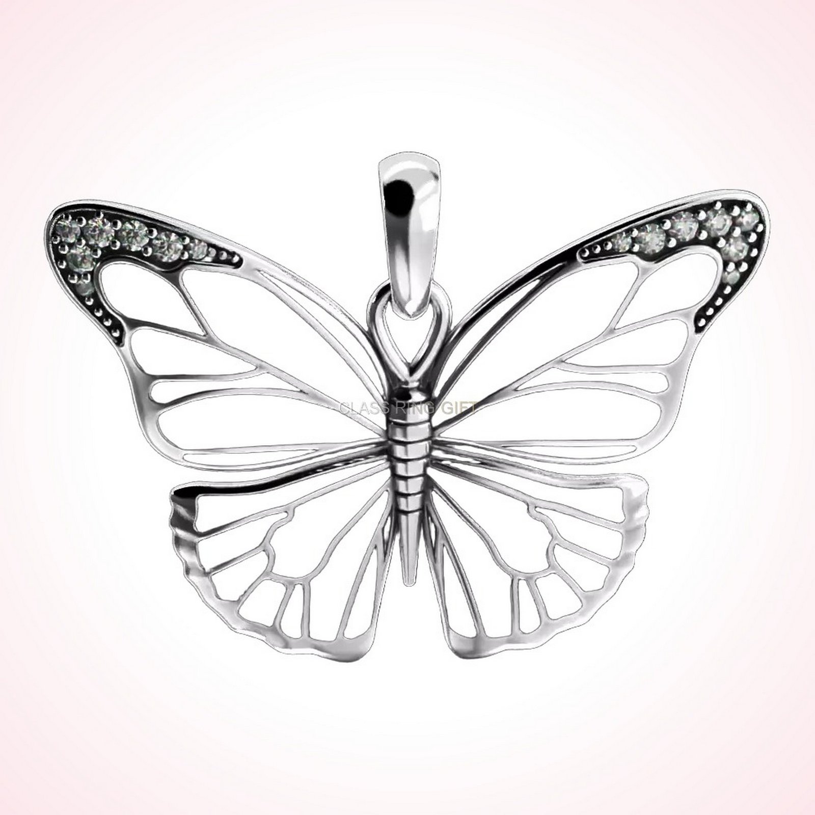 gift for her butterfly pendant in polished 925 sterling silver with beaded crystal frame