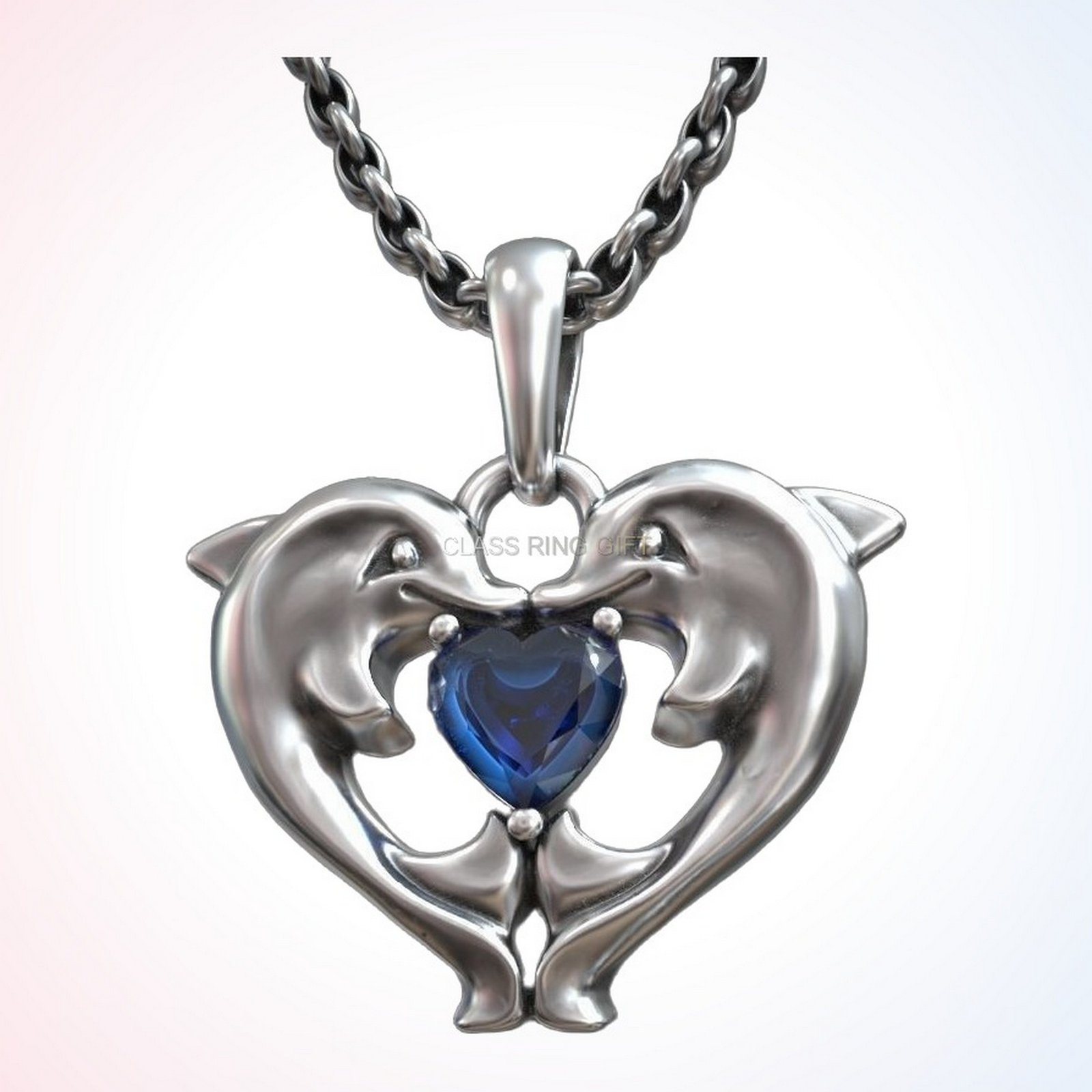 Personalized gift dolphins kissing pendant, polished 925 sterling silver with heart