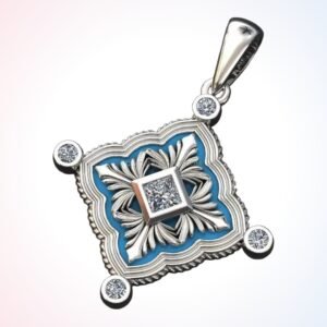 Sterling silver floral quatrefoil pendant with scalloped frame and diamonds