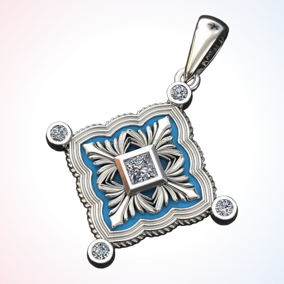 Sterling silver floral quatrefoil pendant with scalloped frame and diamonds
