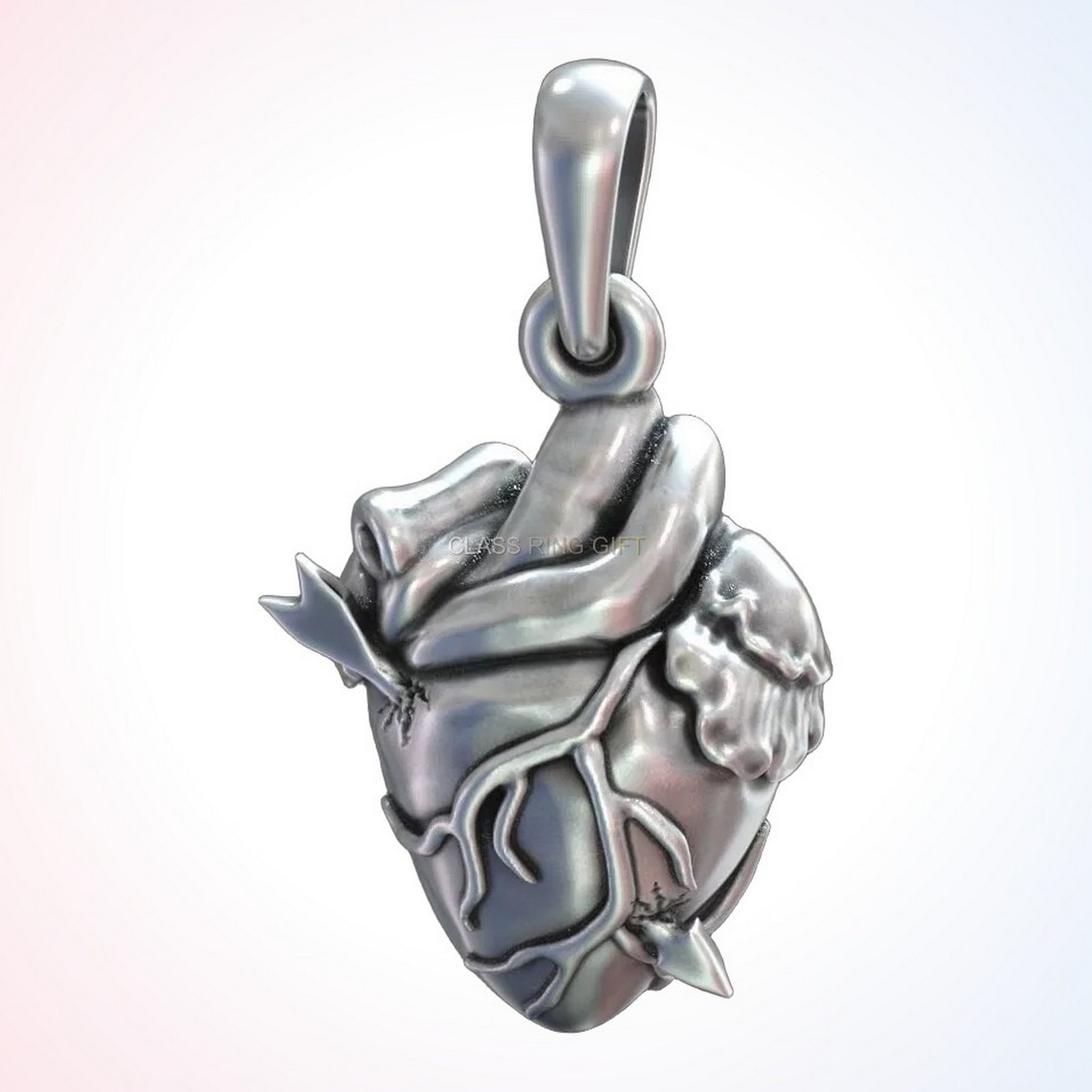 Personalized gift heart arrow pendant, angled three-quarter anatomical heart with arrow view