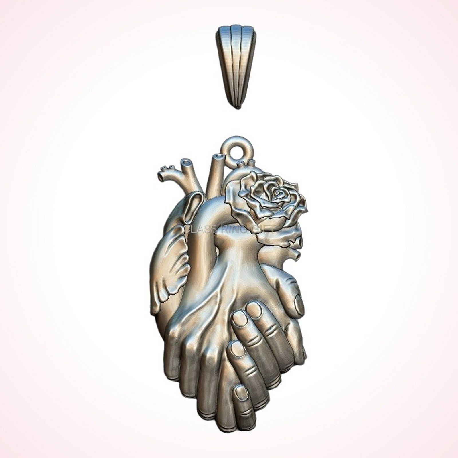 Gift for her heart hands, angled three-quarter view of pendant