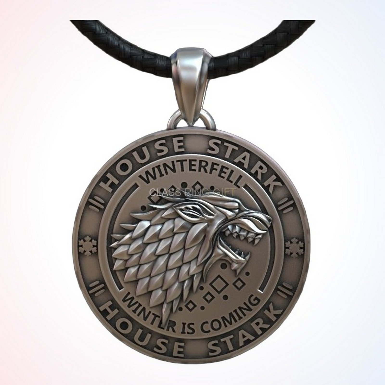 Personalized gift house of pendant, detailed angled view of direwolf face