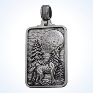 Gift for him howling wolf moon pendant, oxidized 925 sterling silver