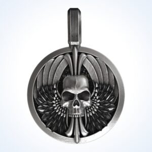 Gift for him skull wings pendant, sterling silver with winged frame