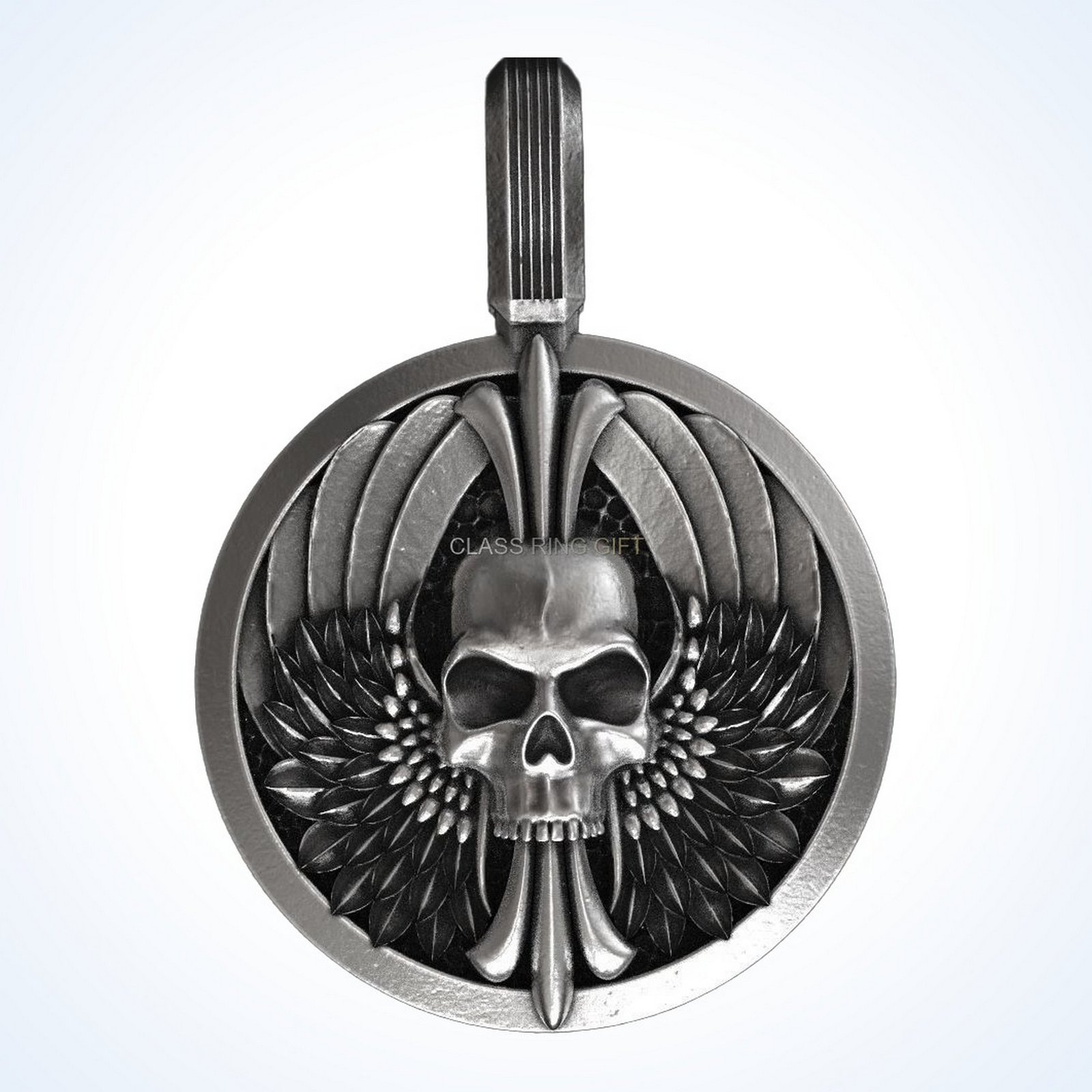 Gift for him skull wings pendant, sterling silver with winged frame