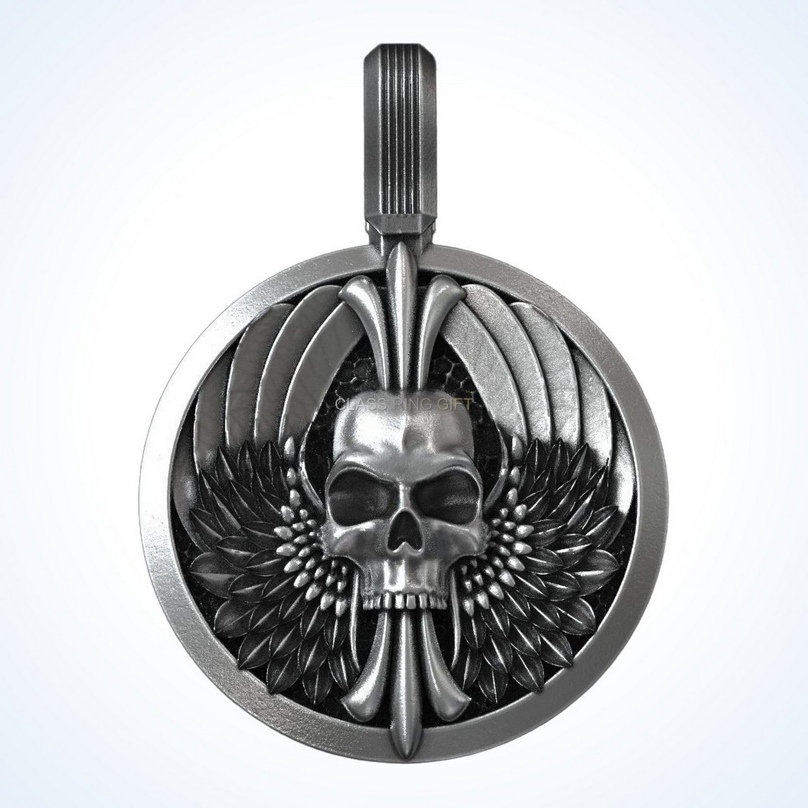 Gift for him skull wings pendant, sterling silver with winged frame