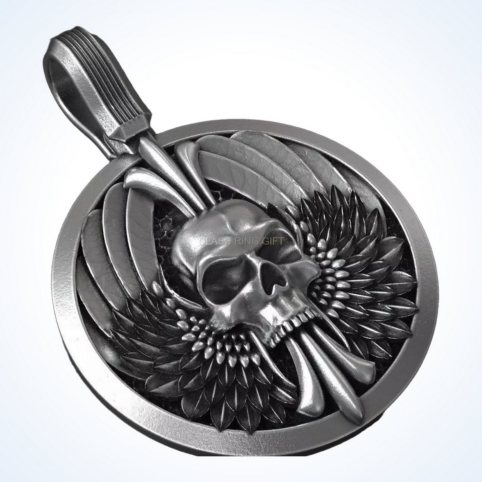 Gift for him skull wings pendant, sterling silver with winged frame