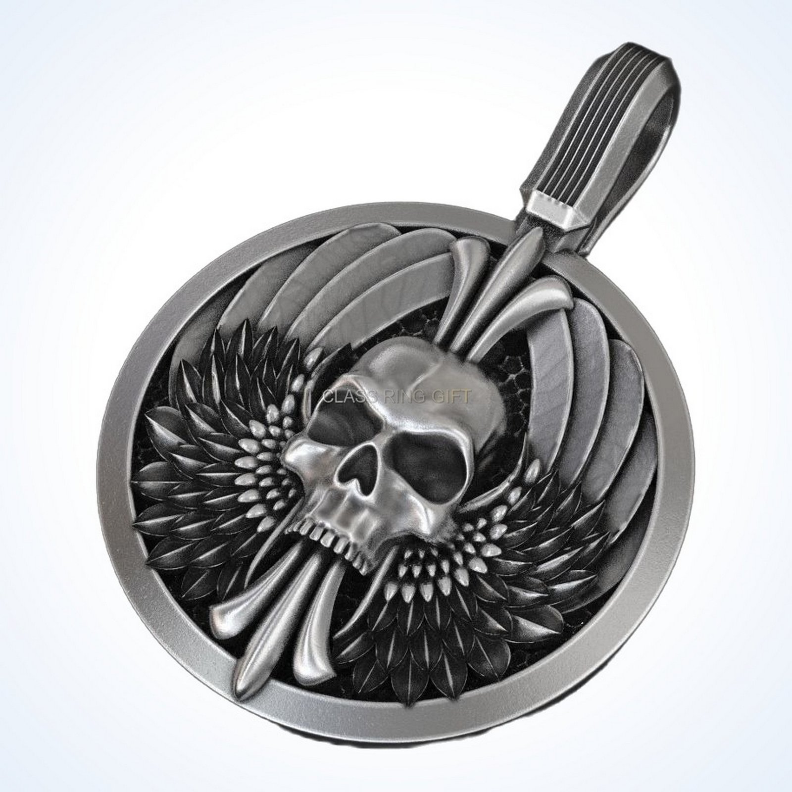 Gift for him skull wings, angled side perspective of pendant