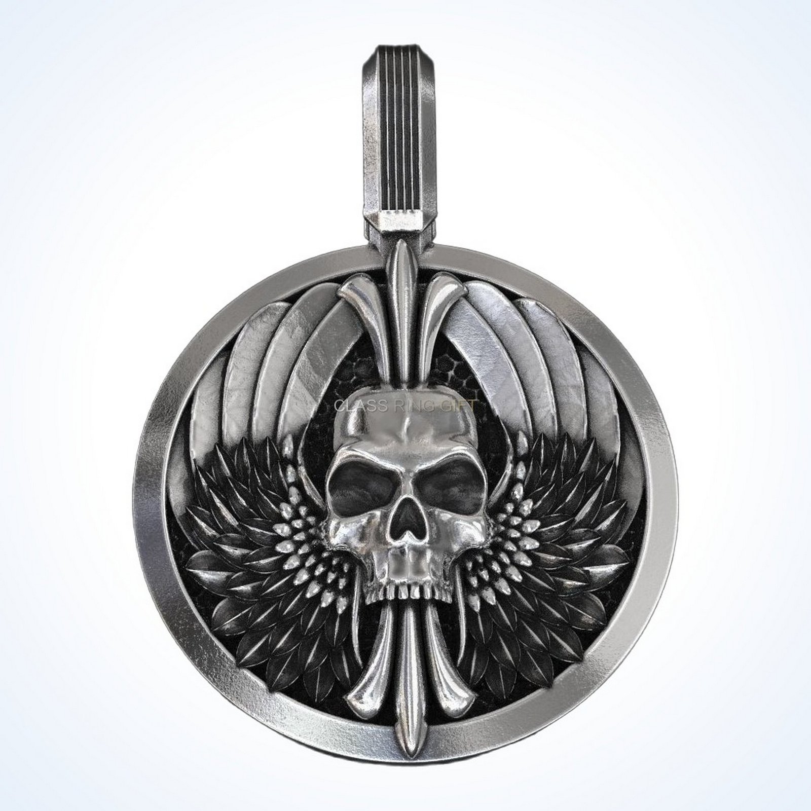 Gift for him skull wings pendant, sterling silver with winged frame
