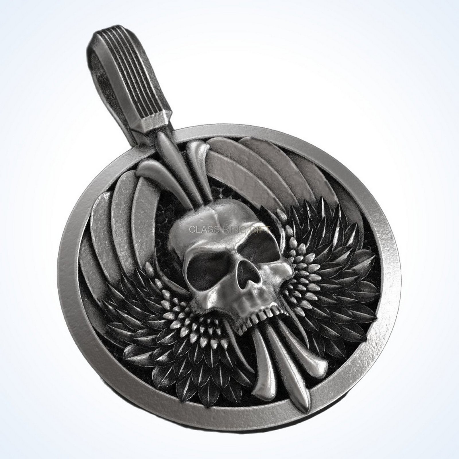 Gift for him skull wings pendant, sterling silver with winged frame