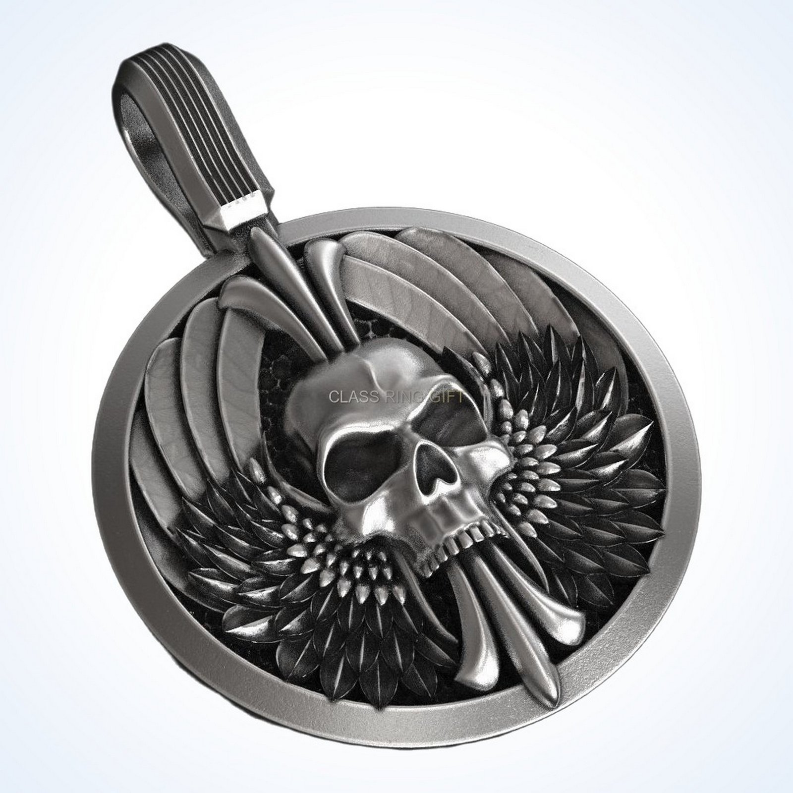 Gift for him skull wings pendant, sterling silver with winged frame