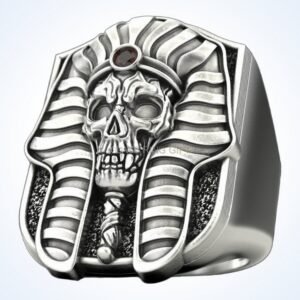 Gift for him pharaoh skull ring, sterling silver with Egyptian nemes headdress