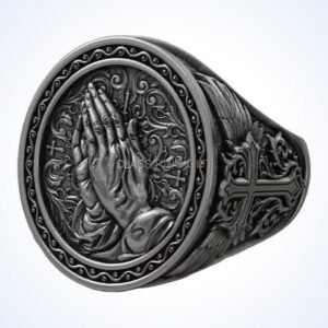 Christian gift praying hands ring with cross motifs, oxidized 925 silver signet