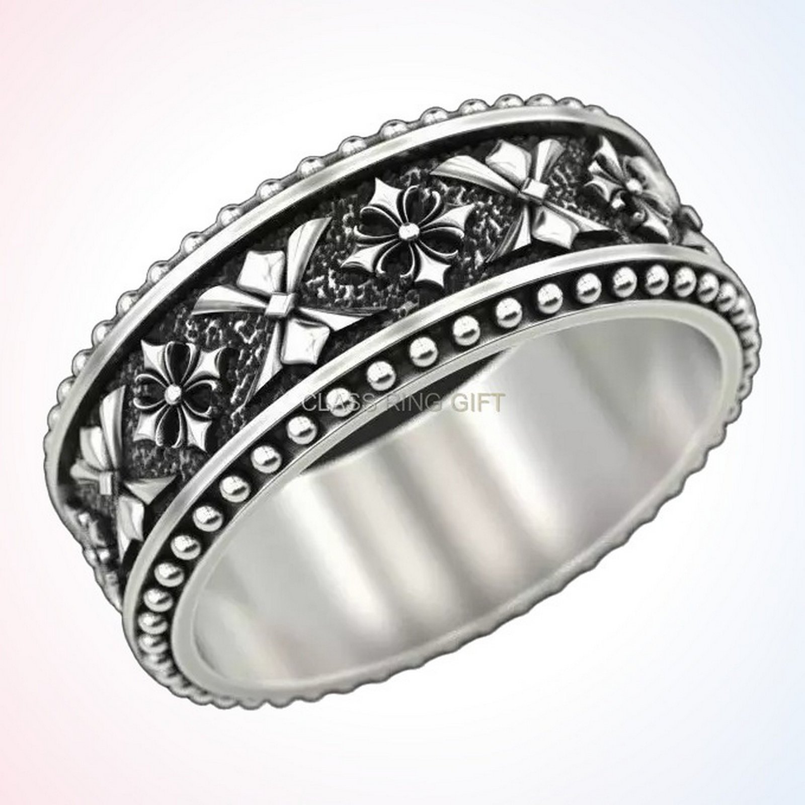 Personalized gift ring 2, three-quarter angled view with beaded border detail